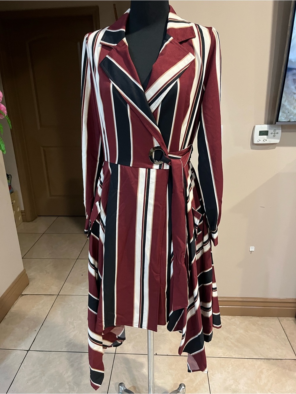 J.O.A. Burgundy, Black and White Asymmetrical Striped Wrap Dress